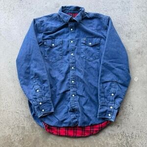 Vintage Wrangler Shirt Blue Denim Flannel Lined Brushpopper Pearl Snap Western